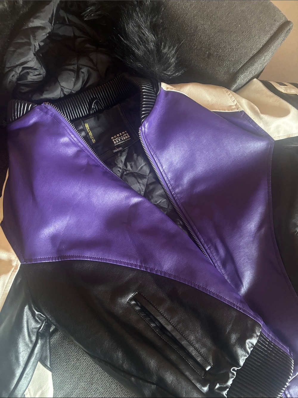 Purple & Black Colorblock Faux Leather Bomber Jacket